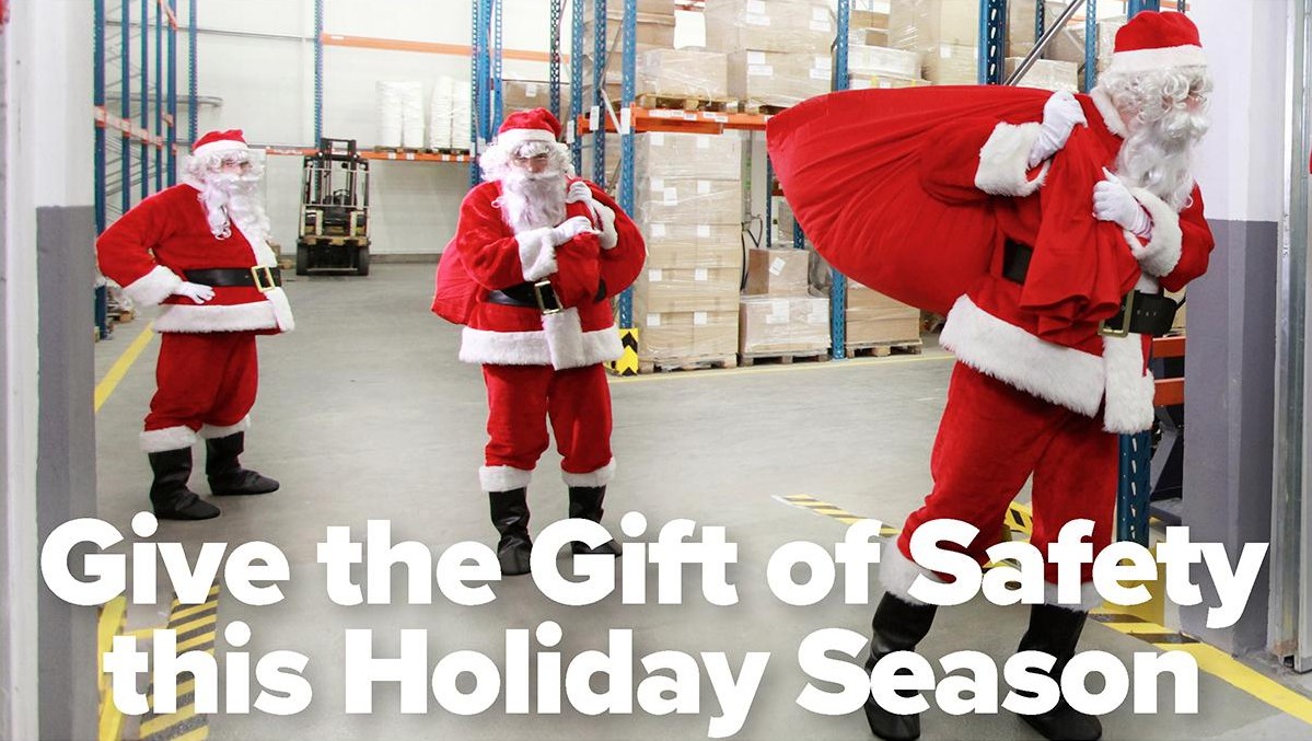 Santas in a warehouse